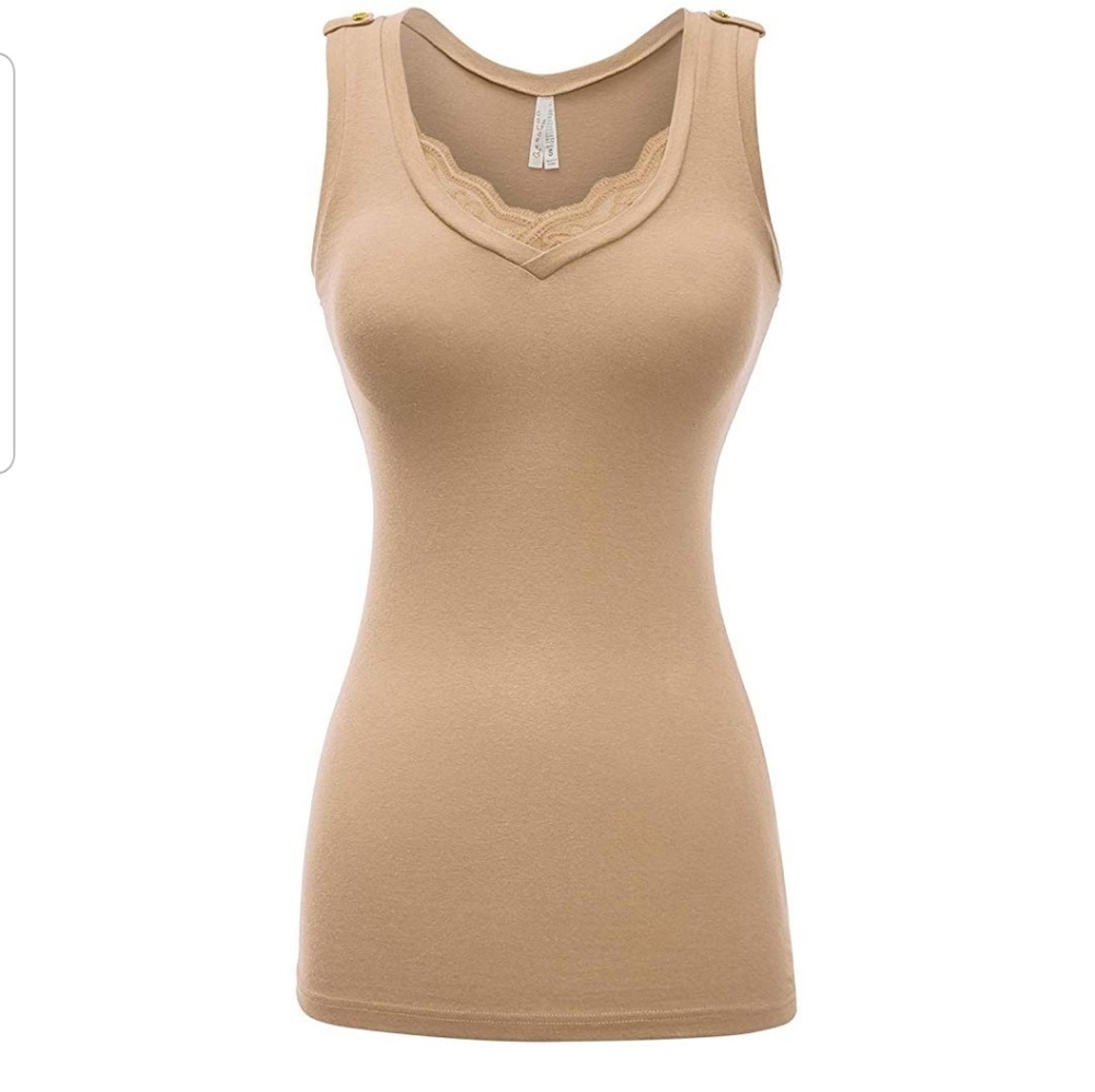 Beige deep Vneck lace detail sexy low-cut tank top